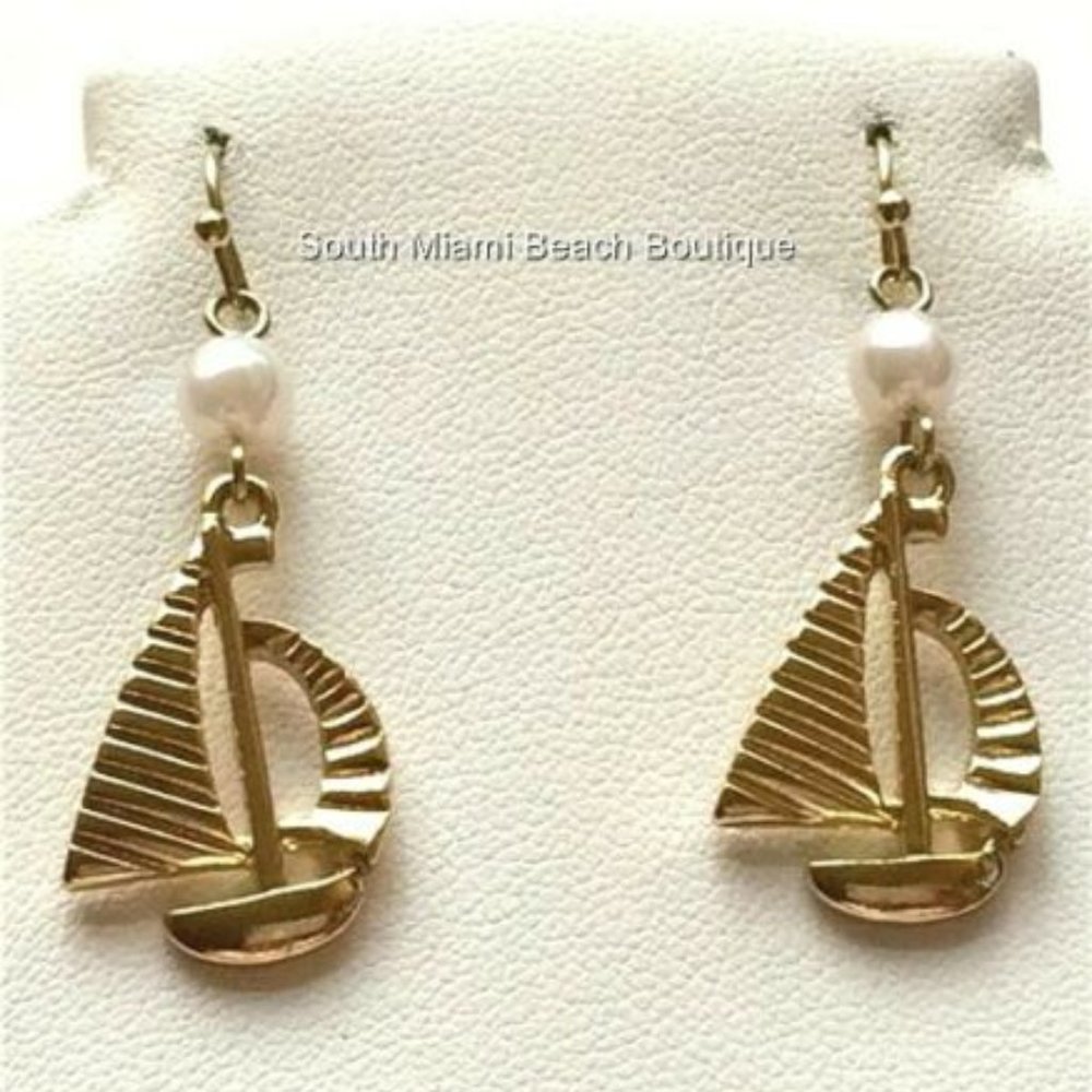 Nautical White Pearl Sailboat Earrings Gold Plated Pierced Island Sail Boat USA